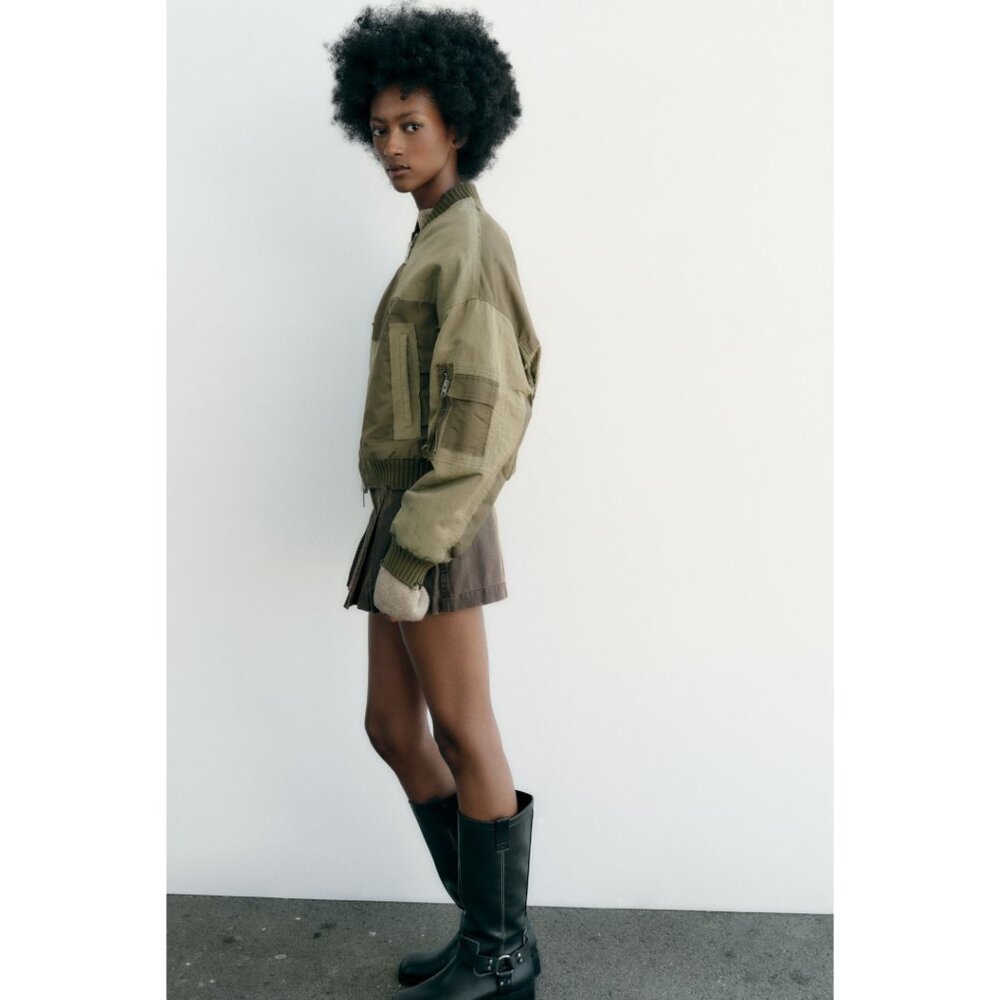 ZARA Water Repellant Patchwork Bomber Jacket Green Oversized Size Medium Padded - Picture 11 of 13